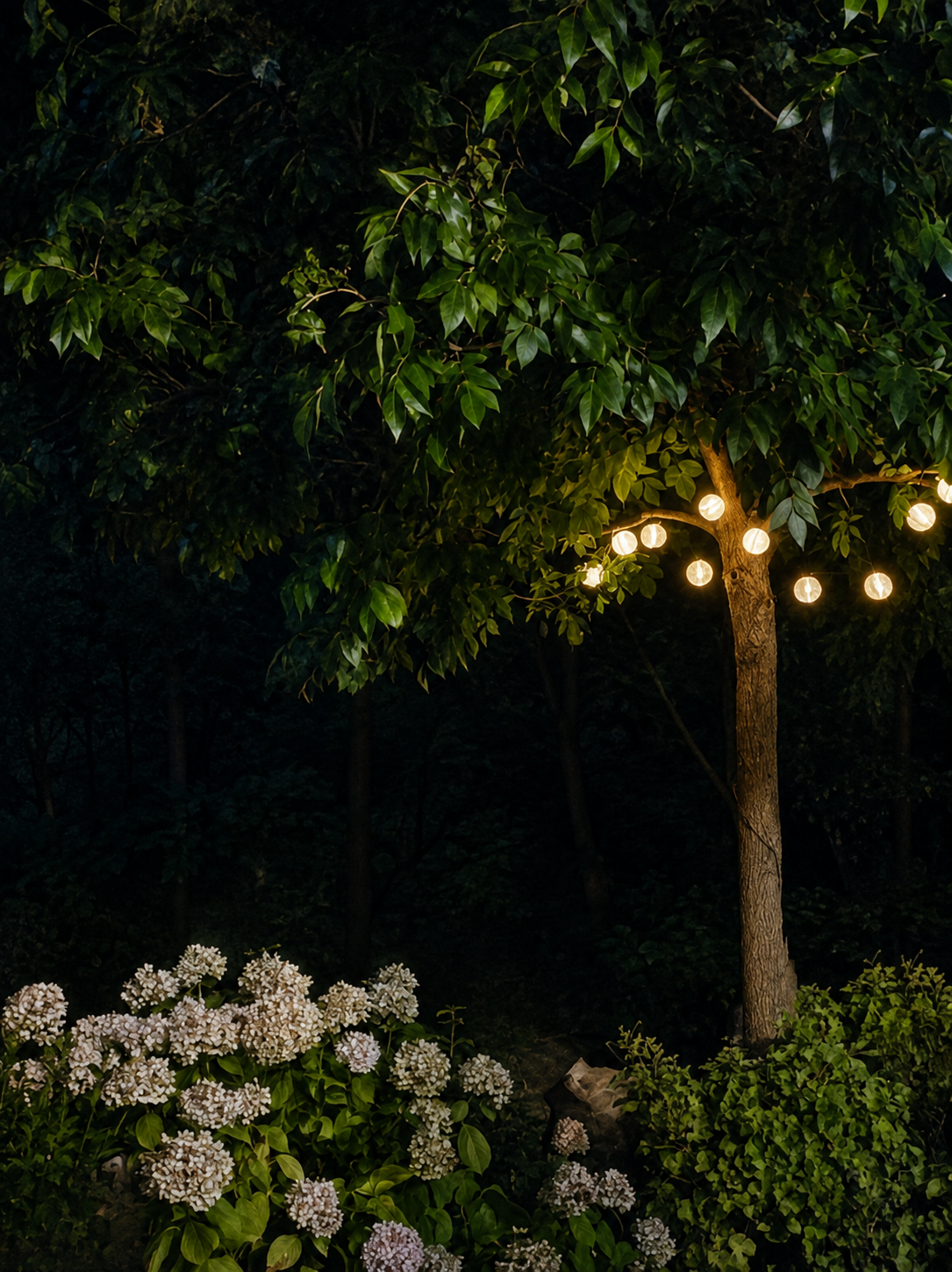 Jardín de Villa Hortensias iluminado al anochecer